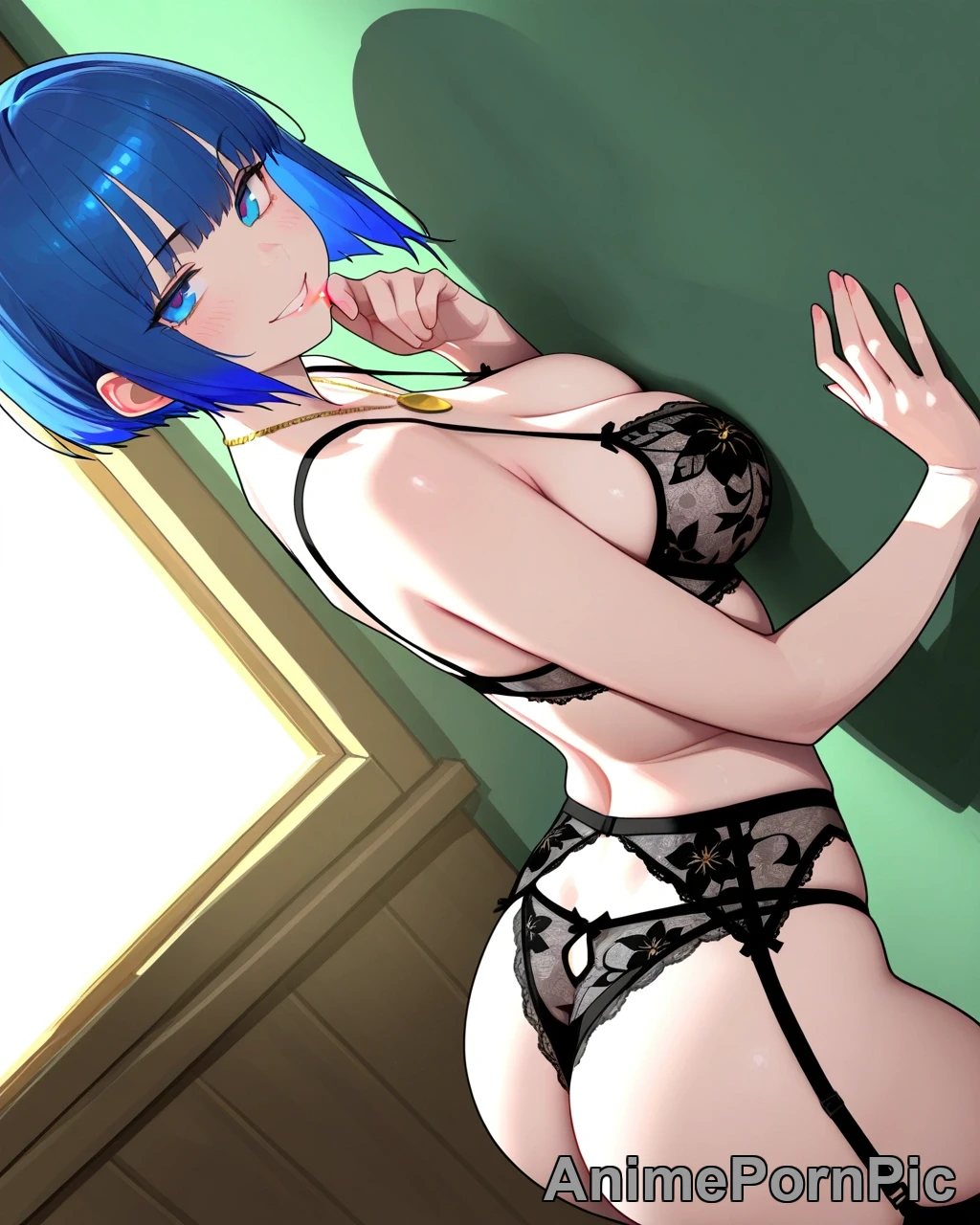Blue Bob Haircut, Lace Lingerie Tease