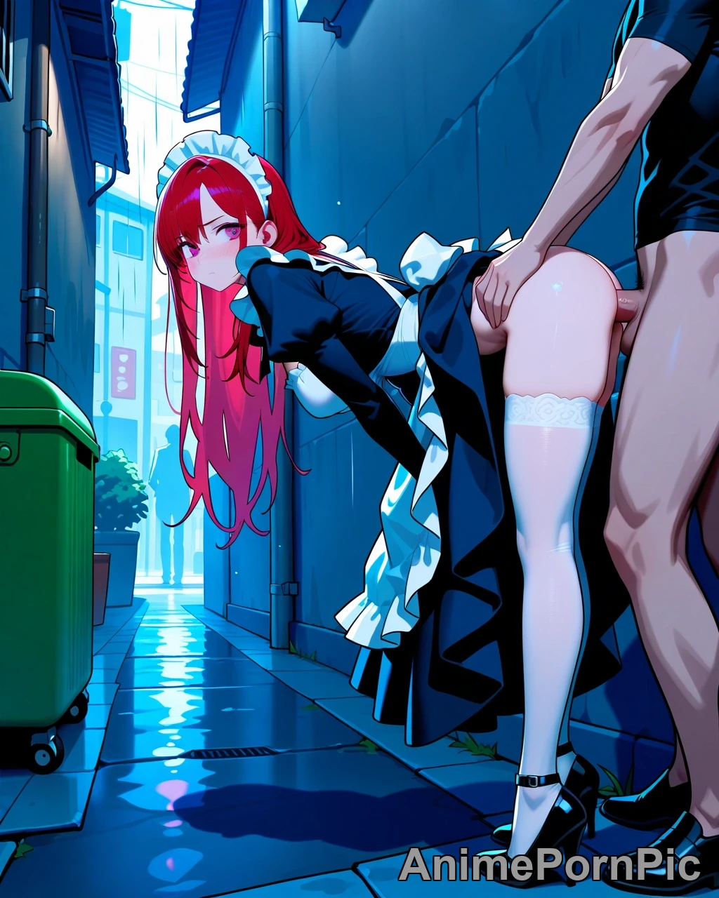 Burgundy Hair Maid in Rainy Alley