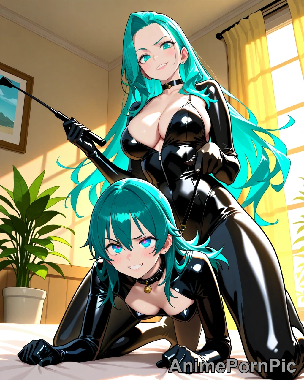 Dominant Anime Beauty with Teal Hair