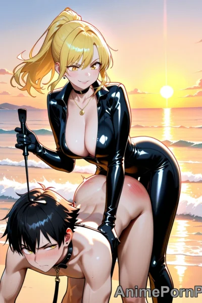 Dominant Blonde in Black Latex on Sunset Beach
