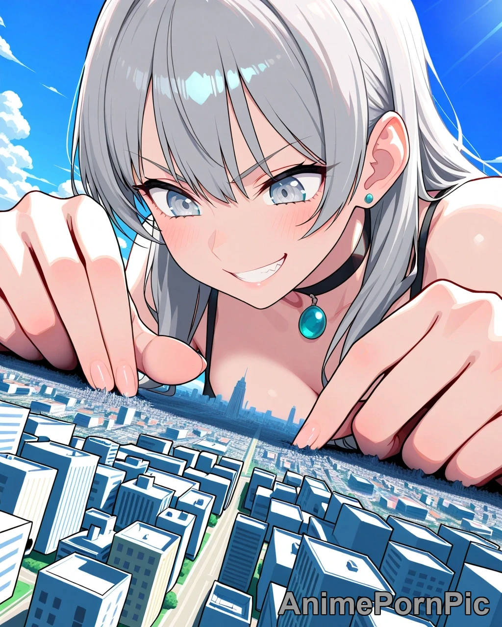 Giantess with Ash-Grey Hair Dominates Miniature City