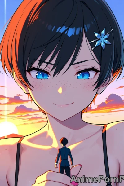 Giantess with Auburn Pixie Cut Lifts Tiny Man