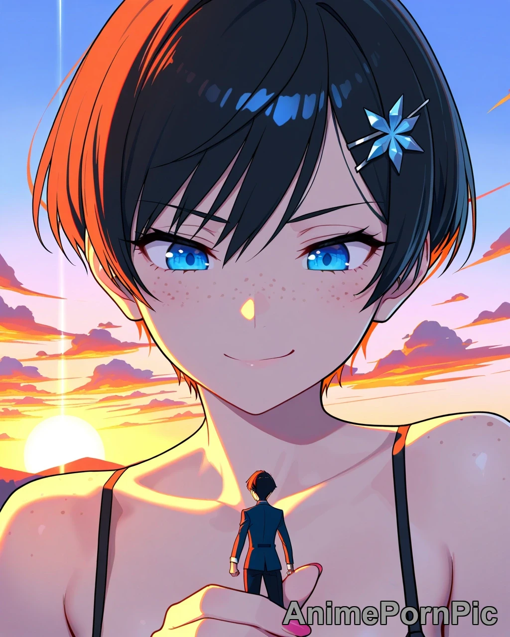 Giantess with Auburn Pixie Cut Lifts Tiny Man