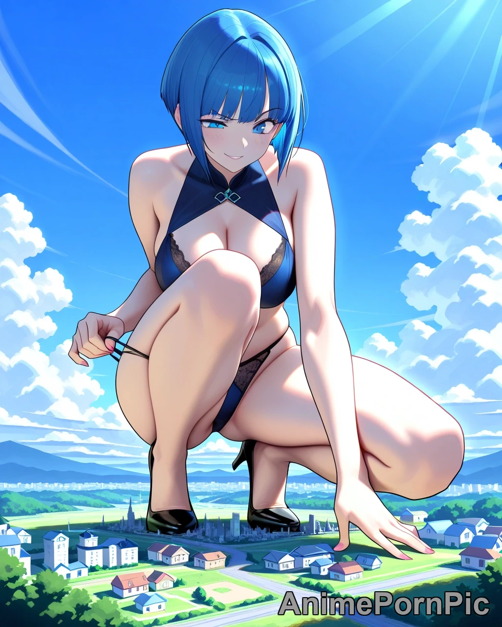 Giantess with Blue Bob Dominates Miniature City