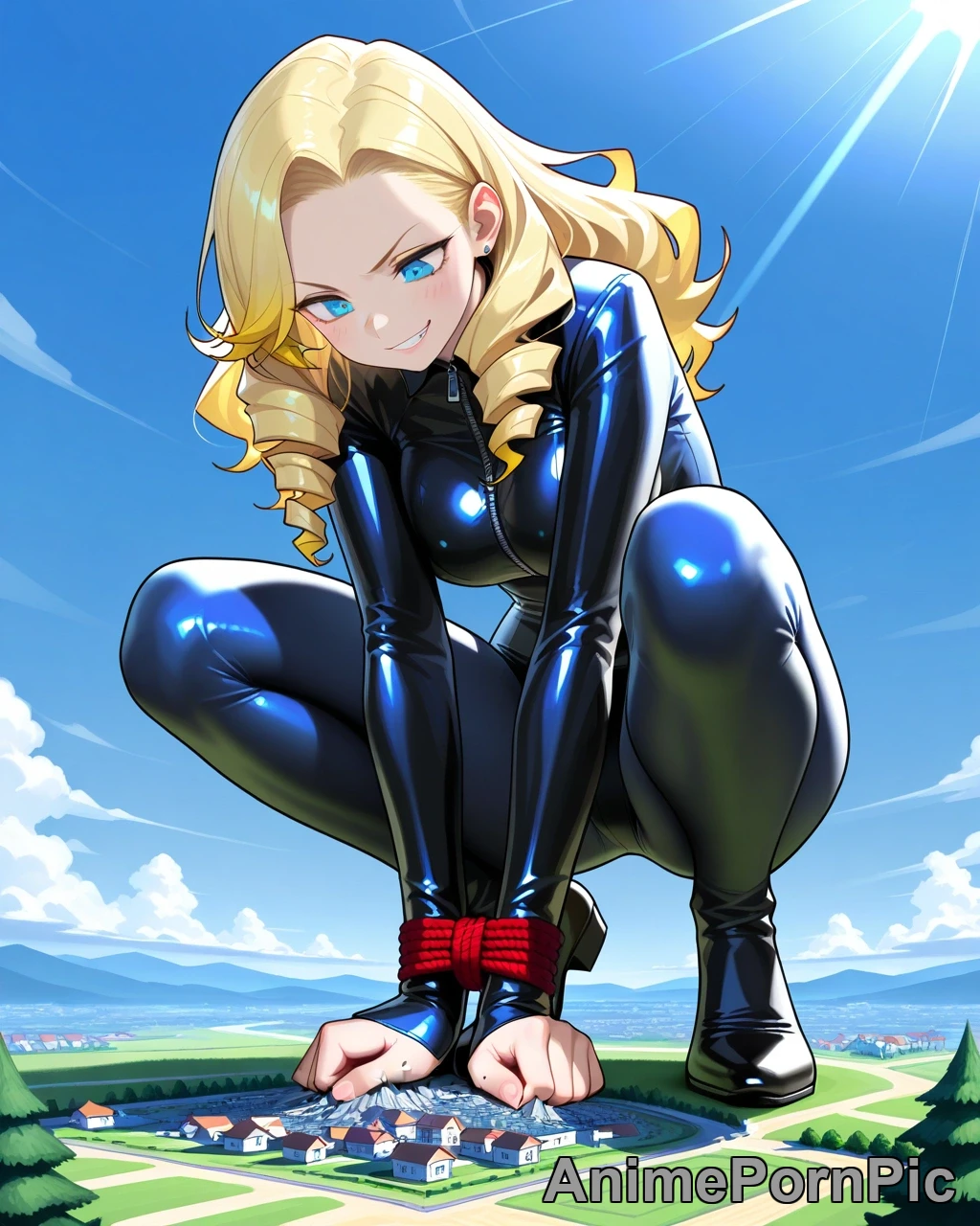 Giantess with Honey-Blonde Curls Dominates