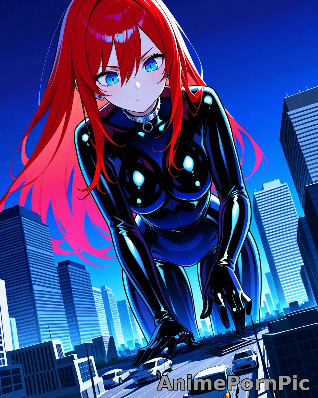 Giantess with Long Red Hair Dominates Cityscape