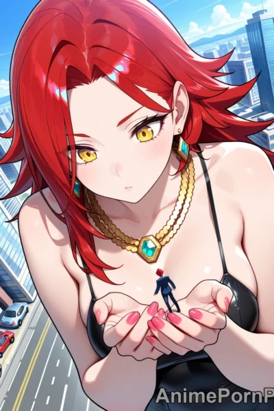 Giantess with Long Red Hair Dominates Miniature City