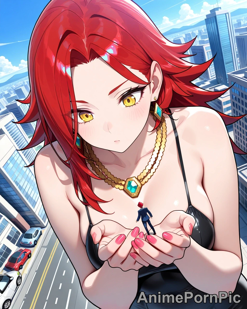 Giantess with Long Red Hair Dominates Miniature City