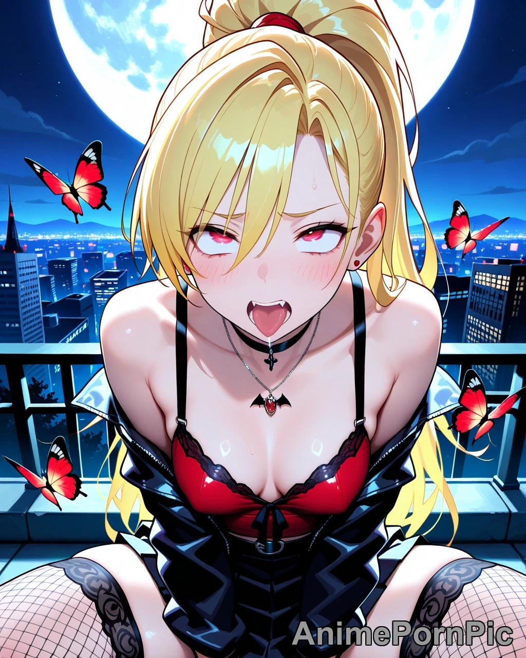 Gothic Vampire Beauty with Red Butterflies