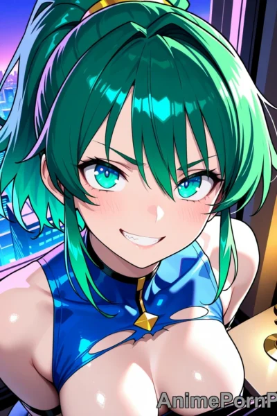 Green-Haired Heroine’s Defeat in City Skyline
