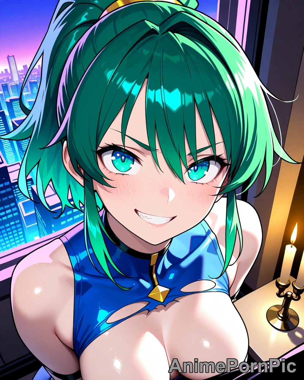Green-Haired Heroine’s Defeat in City Skyline