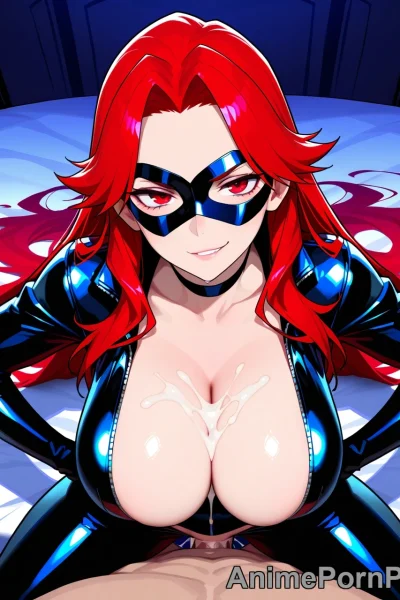 Latex Catsuit Unzipped on Red-Haired Villainess