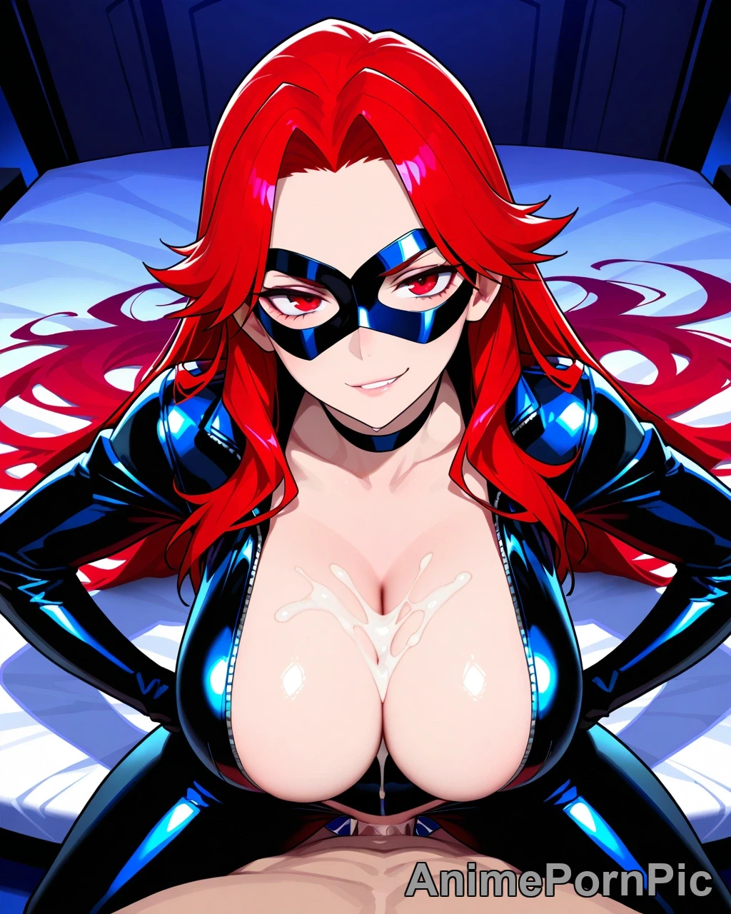 Latex Catsuit Unzipped on Red-Haired Villainess