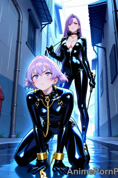 Lavender Locks: Femdom Dominance in Rainy Alley