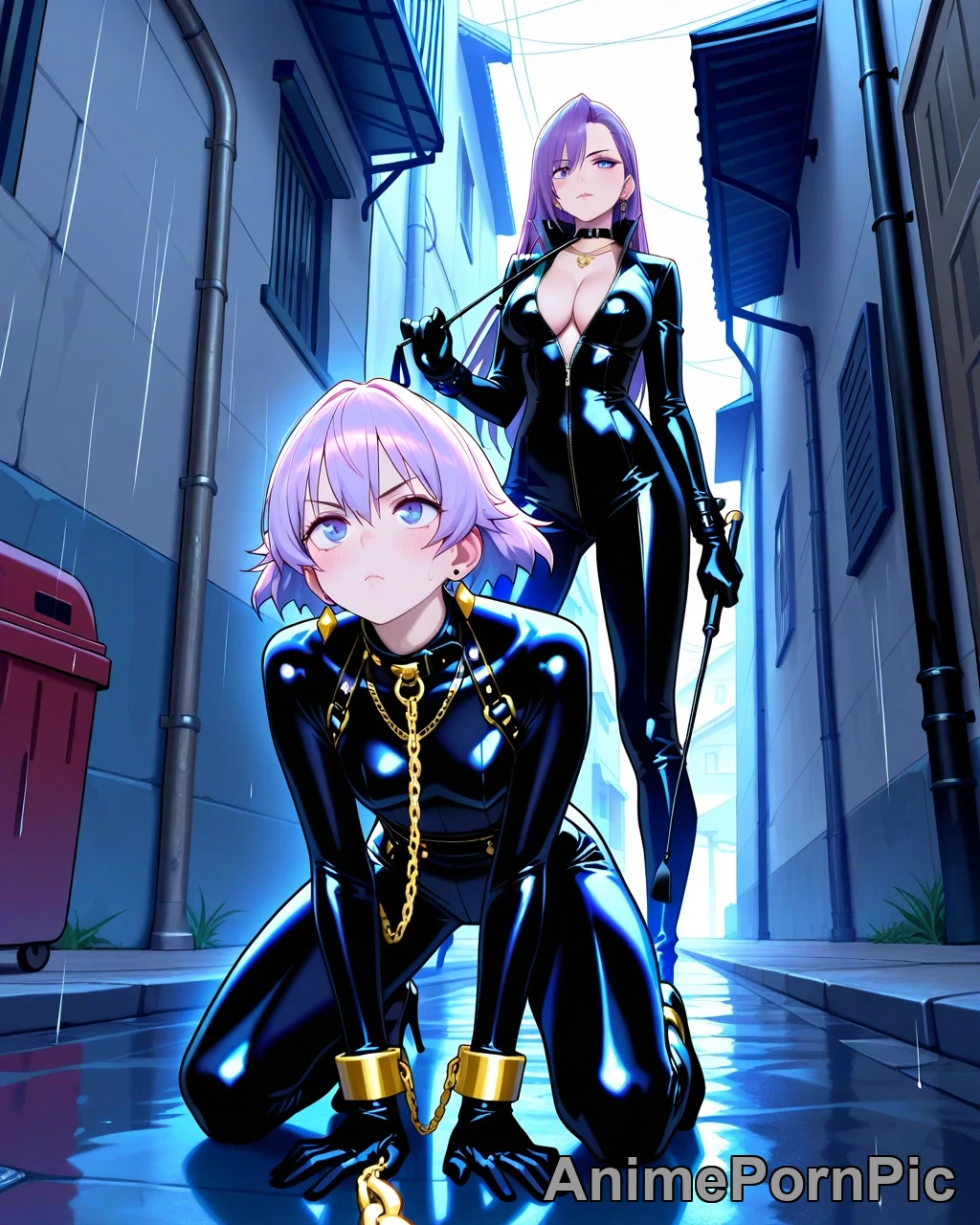 Lavender Locks: Femdom Dominance in Rainy Alley