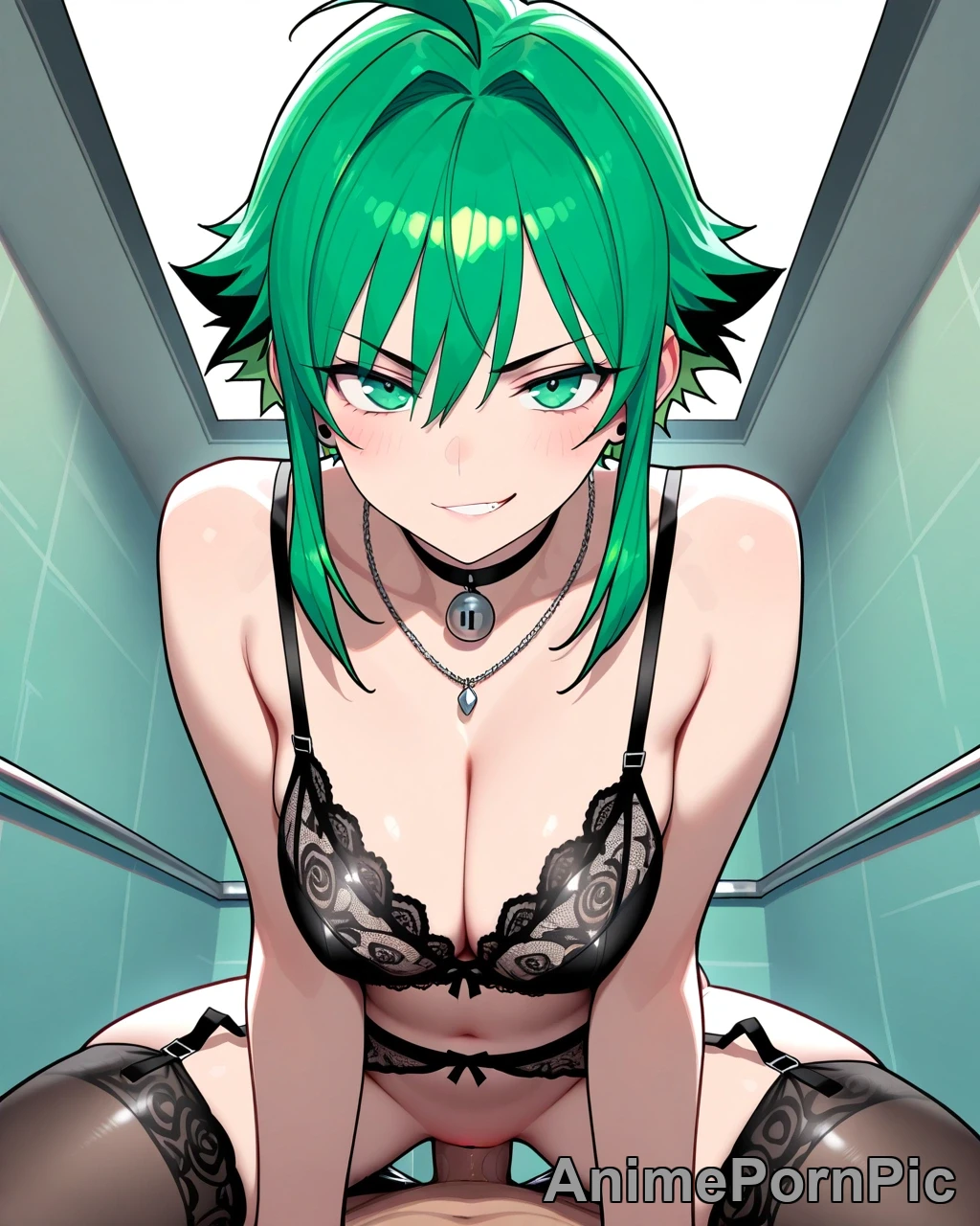 Mint-Green Hair Beauty in Lace Lingerie