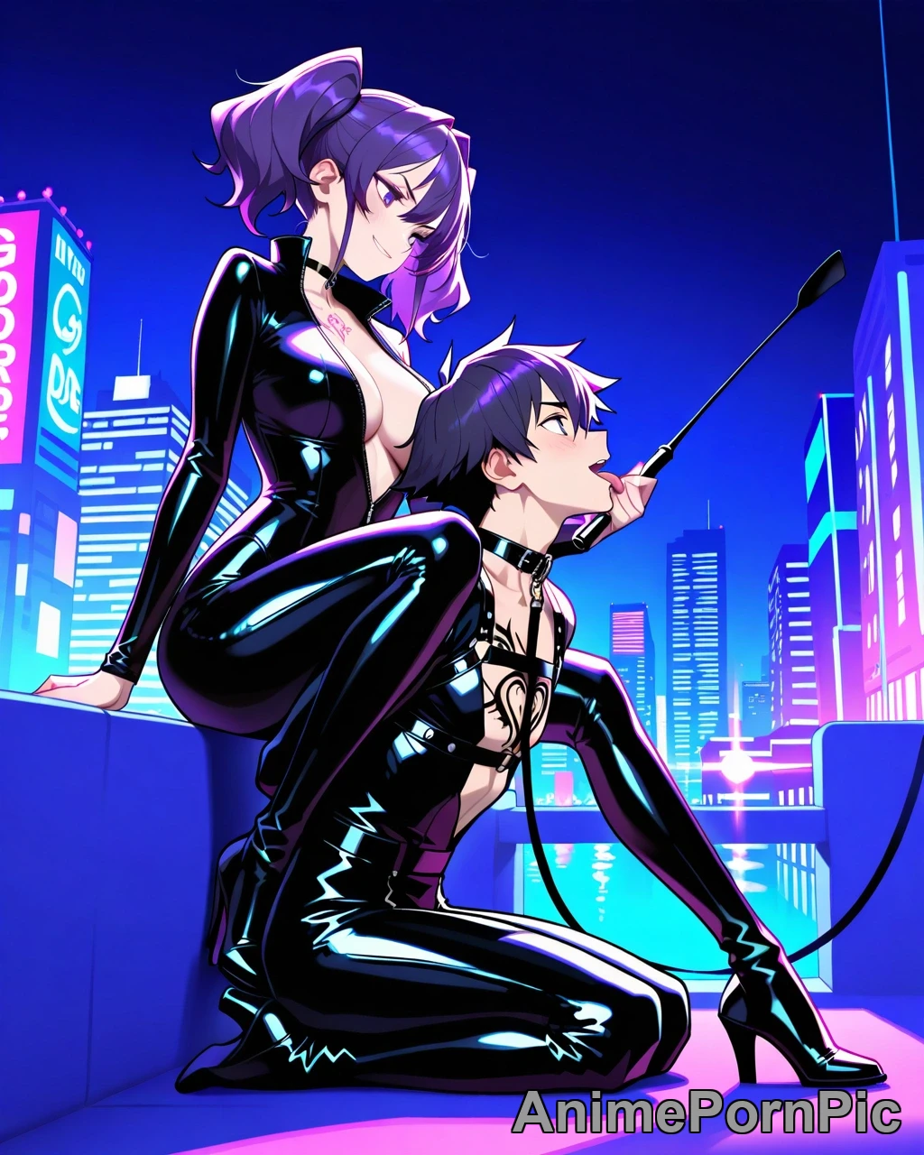 Purple-Haired Domme in Neon City Night