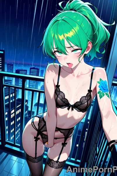 Rainy Balcony Beauty with Green Ponytail