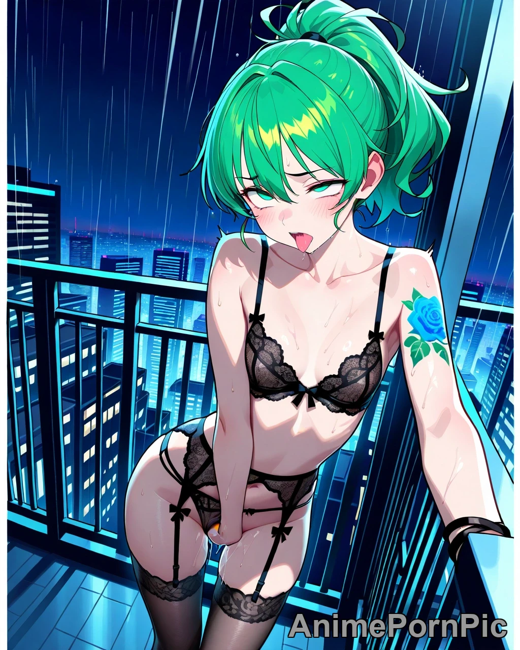 Rainy Balcony Beauty with Green Ponytail