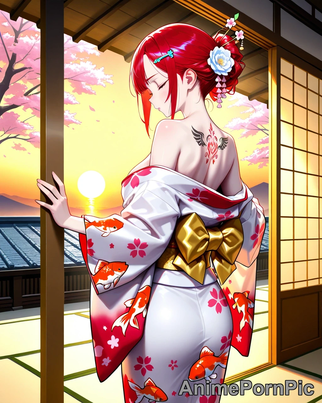 Red-Haired Beauty in Tatami Room