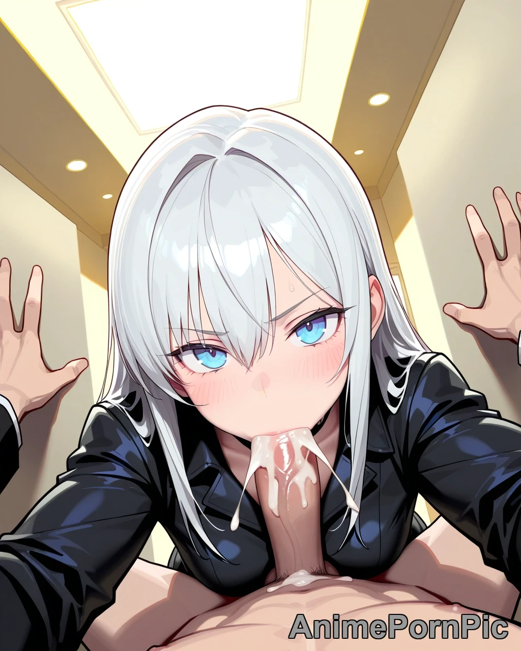 Silver-Haired Anime Beauty in Dim Hallway