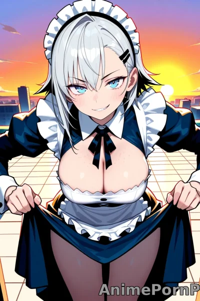 Silver-Haired Maid in Sunset Rooftop Pose