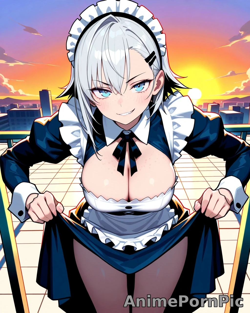 Silver-Haired Maid in Sunset Rooftop Pose