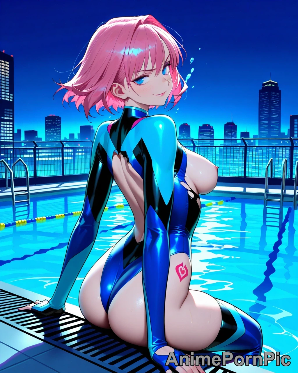 Sultry Pink-Haired Heroine on Rooftop Pool