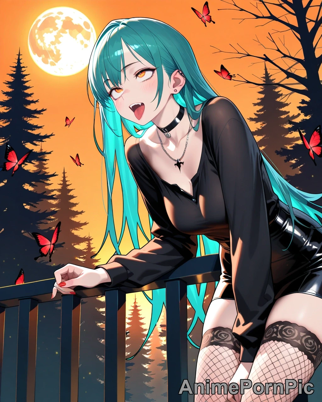 Teal-Haired Beauty in Gothic Forest