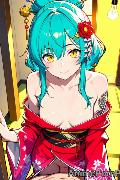 Teal-Haired Beauty in Kimono on Stairwell