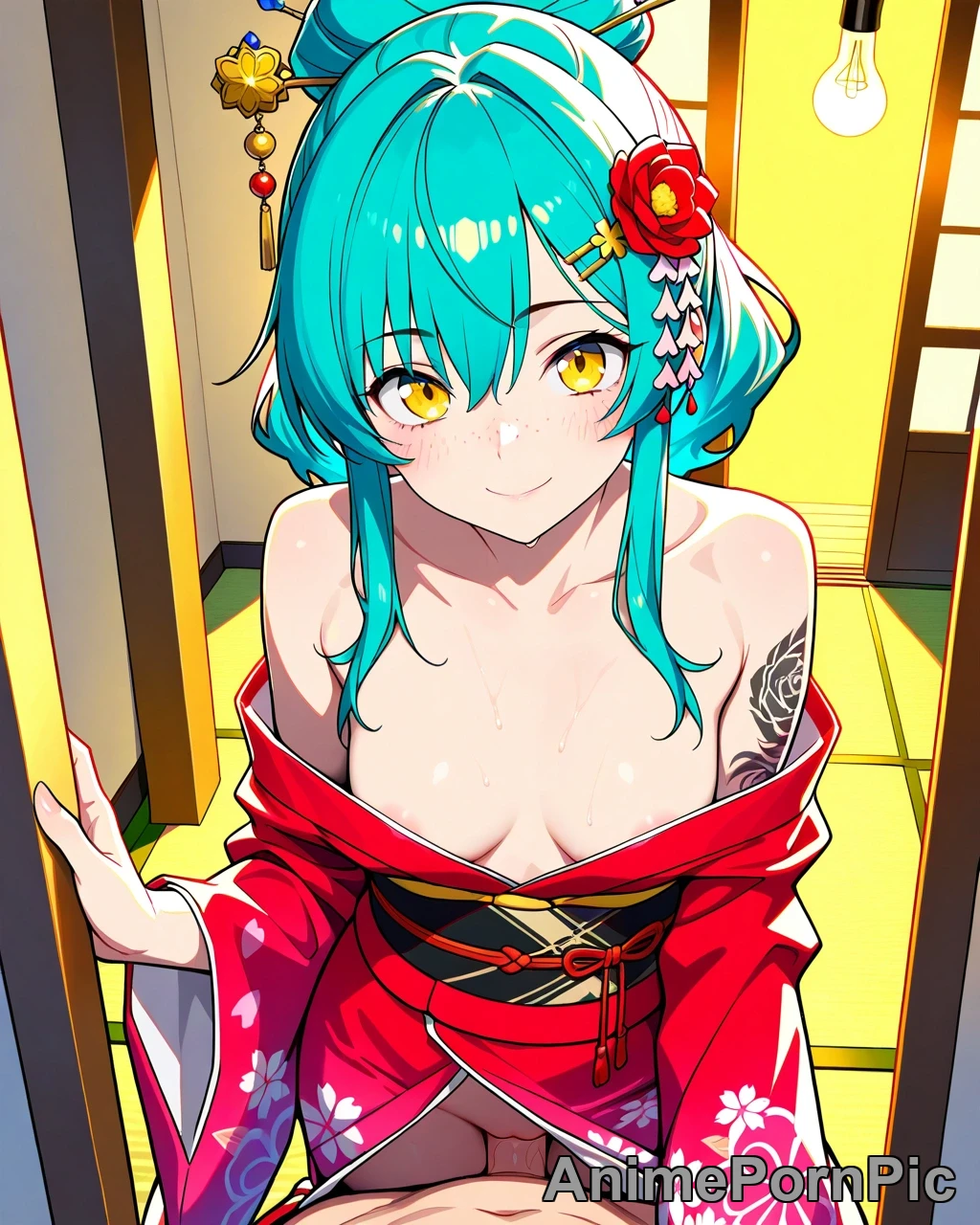 Teal-Haired Beauty in Kimono on Stairwell