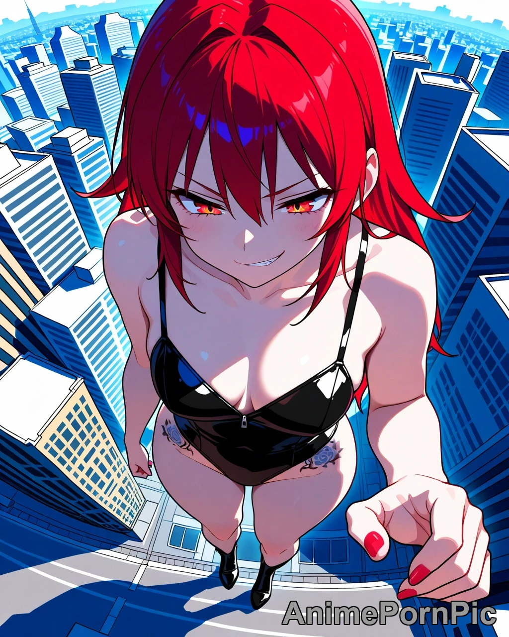 Towering Red-Haired Giantess Over City
