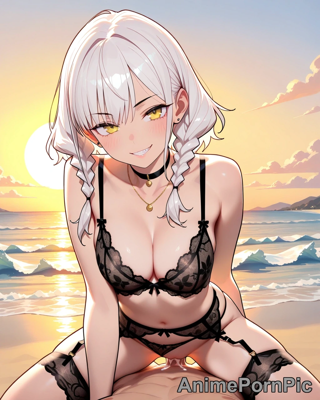 White-Haired Beauty in Lace Lingerie at Sunset
