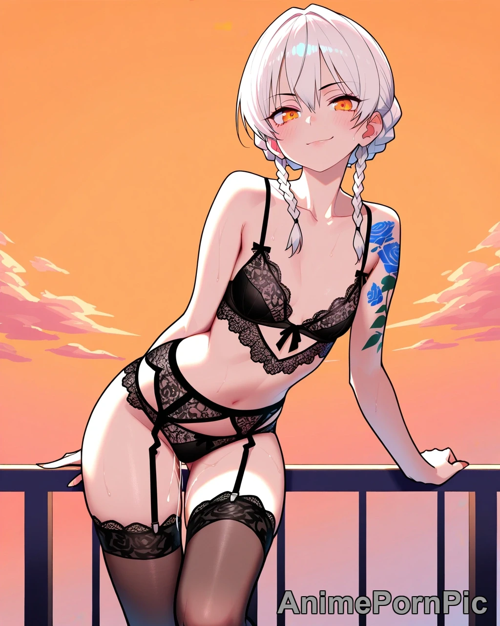 White-Haired Beauty on Balcony at Dusk