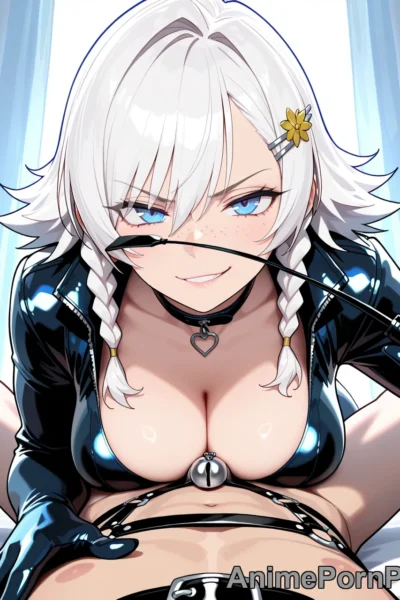 White-Haired Domme in Latex Catsuit
